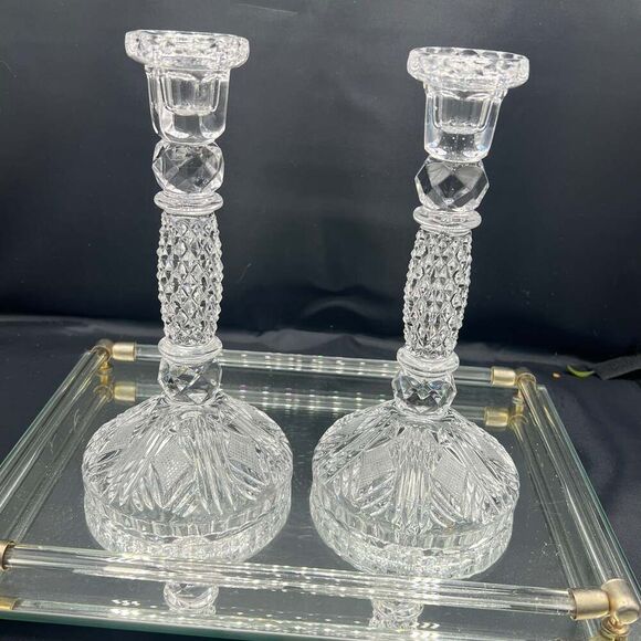 VTG Elegant Crystal Diamond Cut 8.25" Pair of Candlestick Holders EUC - Picture 1 of 8